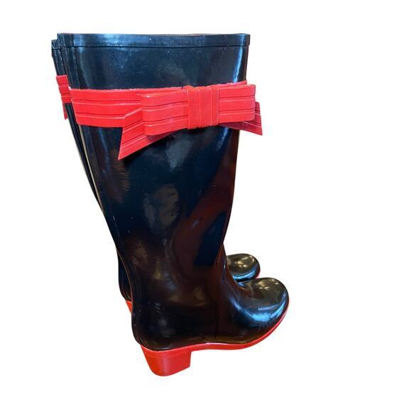 Kate Spade Women 9 Randi Black and Red Bow Heel Rain Boots Shiny Black Rain Boot - Picture 6 of 16